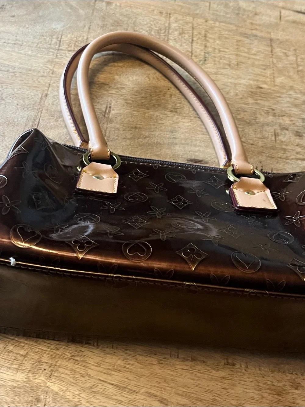 Lany Glossy Brown & gold Patent Satchel  purse with handles monogram style 12x4”